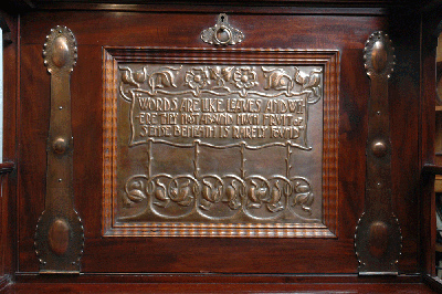 Repoussé copper panel with motto, Shapland and Petter Bureau